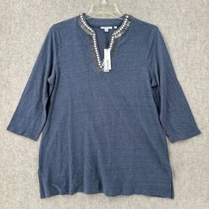 NWT Chicos Blue Embellished Easy Tunic 100% Linen Top 3/4 Sleeve Sz LARGE Beaded